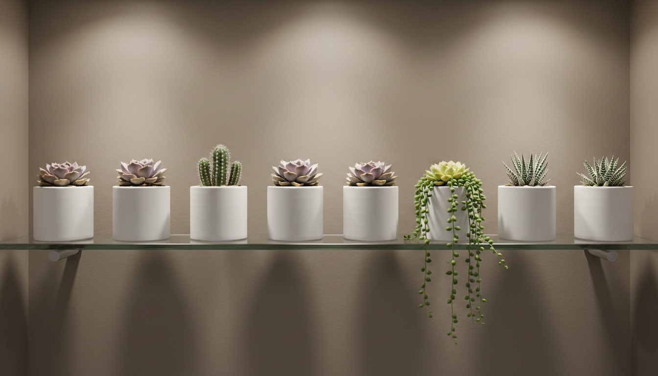 An artful arrangement of diverse small succulents in matching matte white cylindrical planters, uniformly lined up on an elegant glass shelf mounted on a taupe accent wall. The plants exhibit a range of shapes—some rounded and compact, others spiky and dynamic—while the neutral palette of planters brings unity to the display. Warm, evenly distributed recessed lighting from above creates subtle highlights on the succulent rosettes and crisp, structured shadows beneath, conveying a sense of order and sophistication. The image is composed with a gentle rule-of-thirds alignment and features sharp focus throughout, embodying a modern, structured, photographic style tailored for a curated plant collection section.
